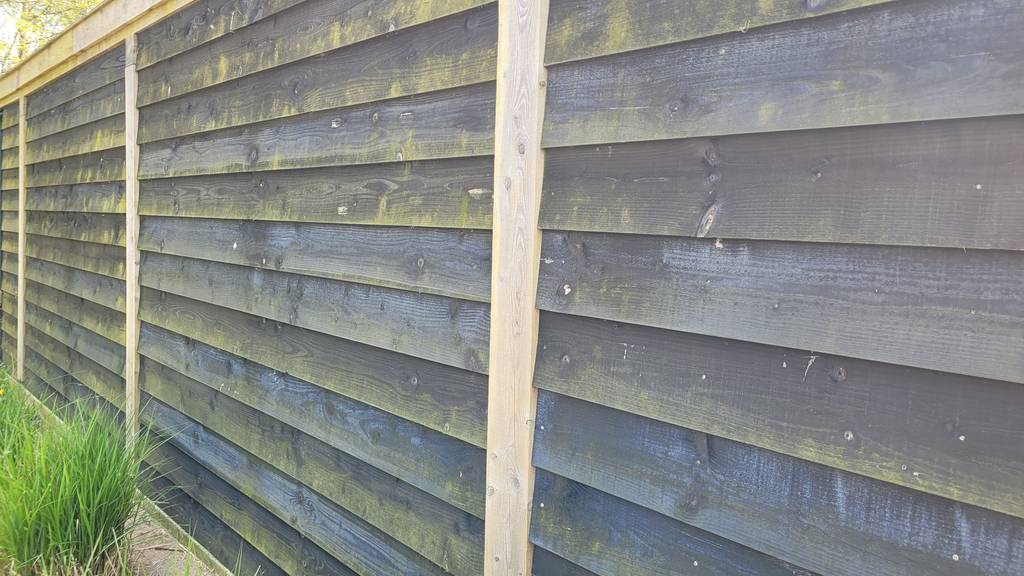 Zwart Zweeds Rabat hout met groene aanslag.